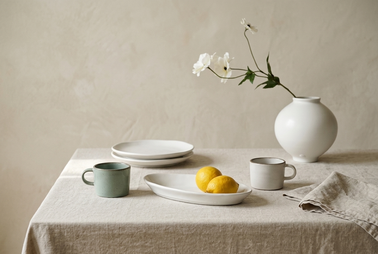A gift-ready table setting with Korean-made bowls, cups, and plates
