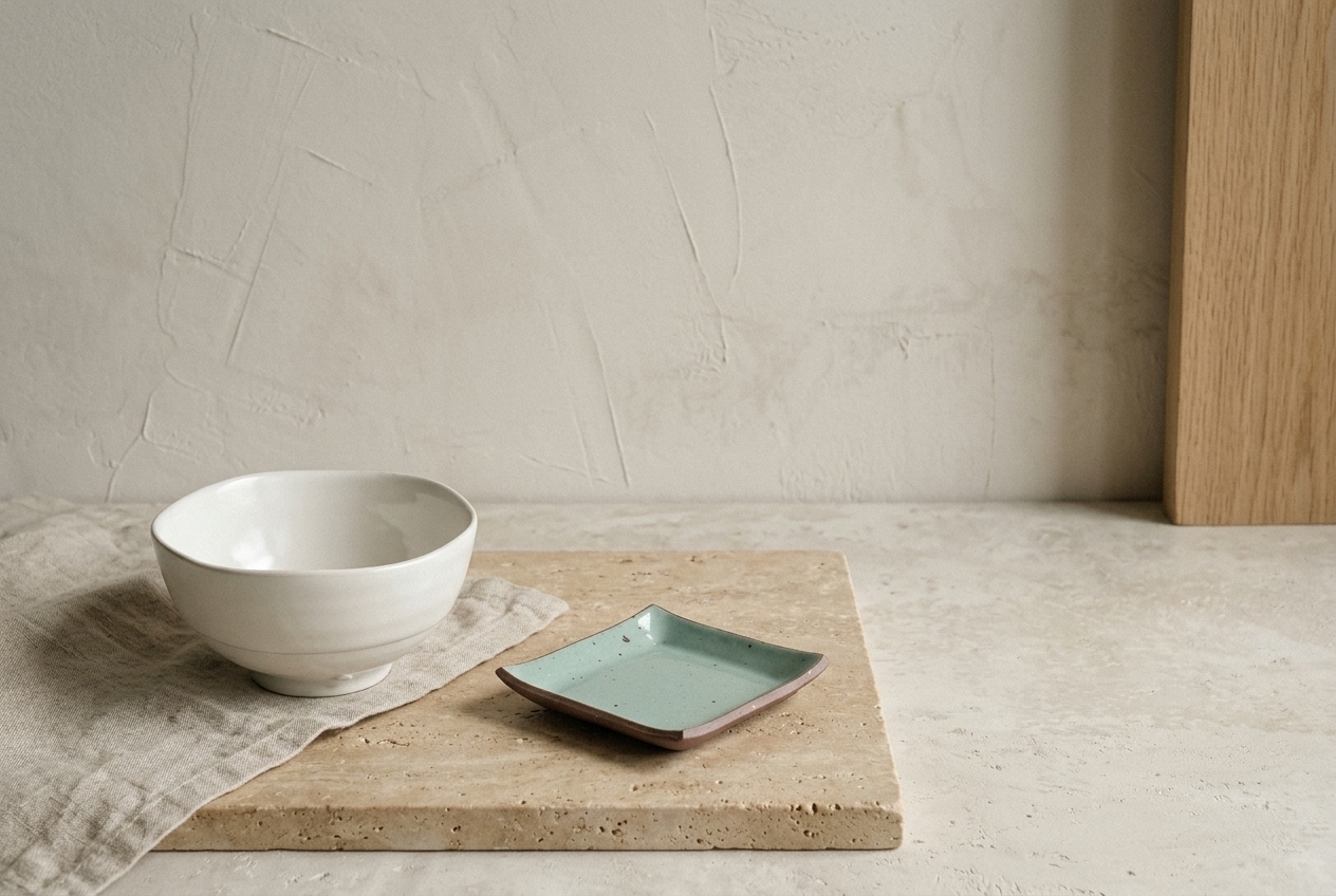 Neutral Yido Ceramics table setting with layered ceramic pieces