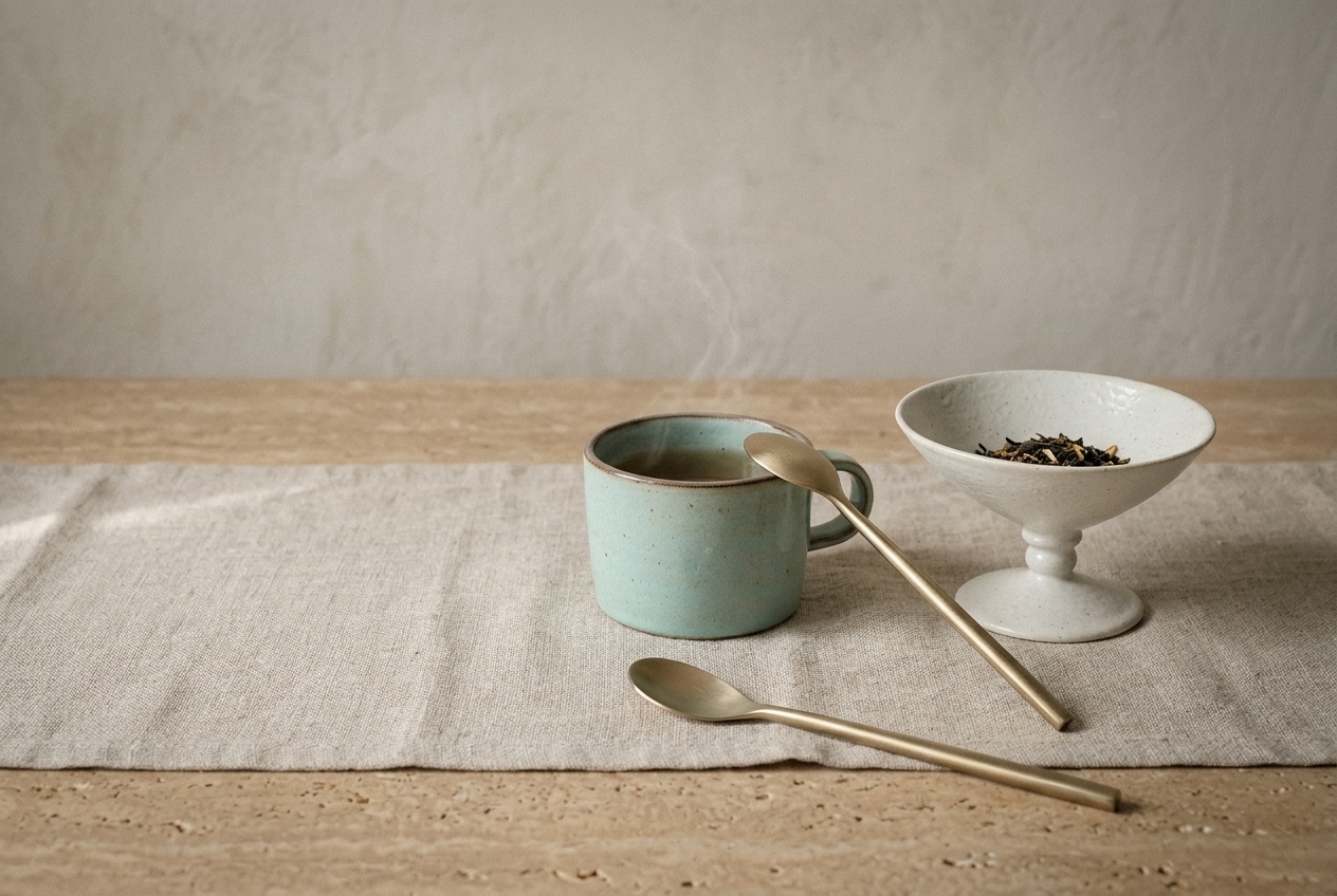 Yido Ceramics tea spoon and teacup set on a quiet table