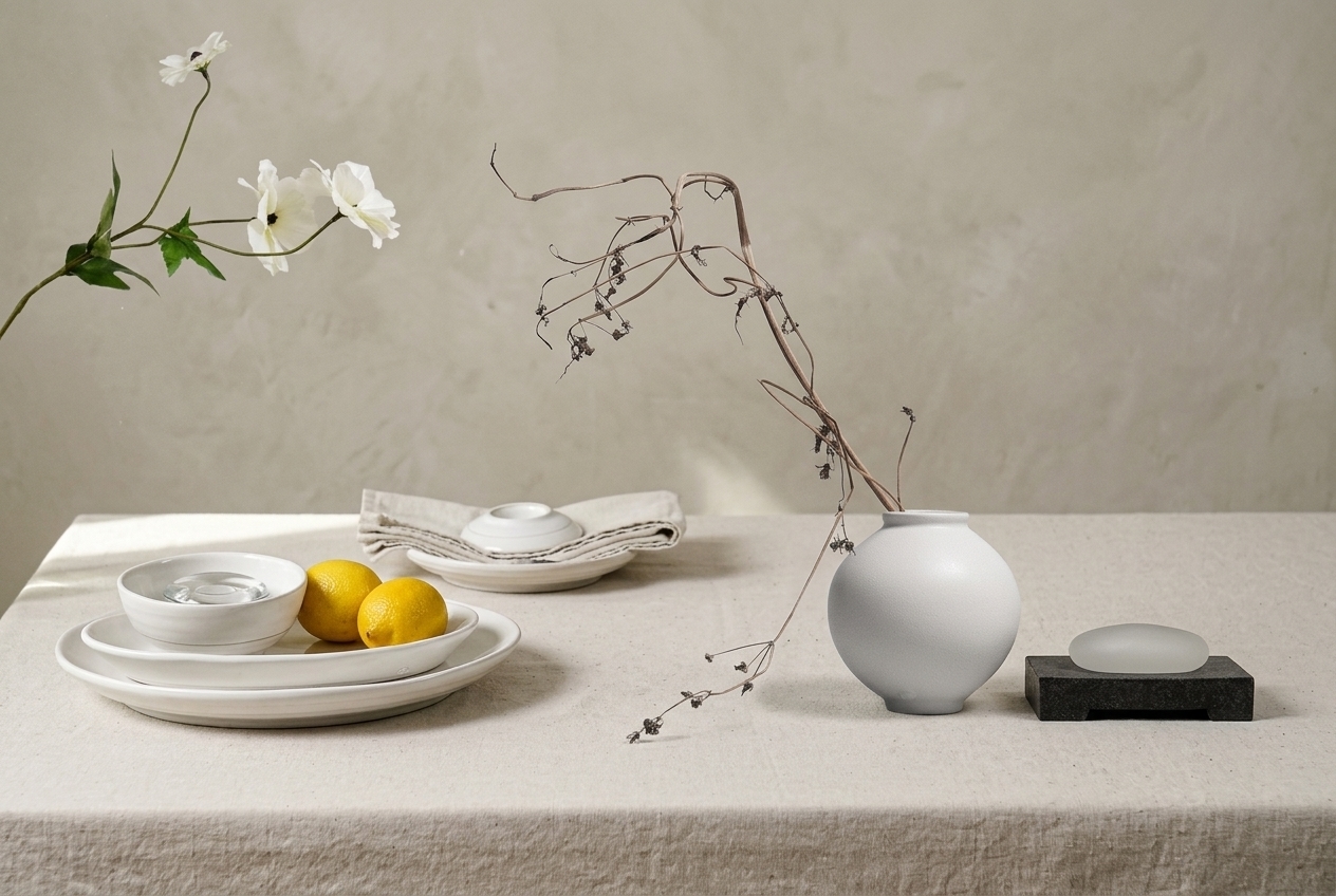 A gift-ready table setting with Korean-made bowls, cups, and plates