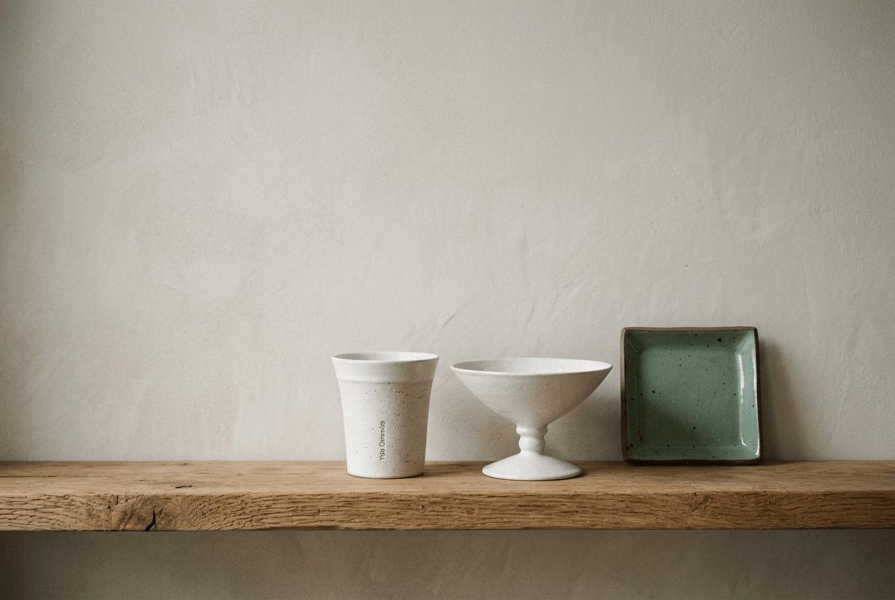 Quiet glaze and stoneware texture on handcrafted ceramic pieces