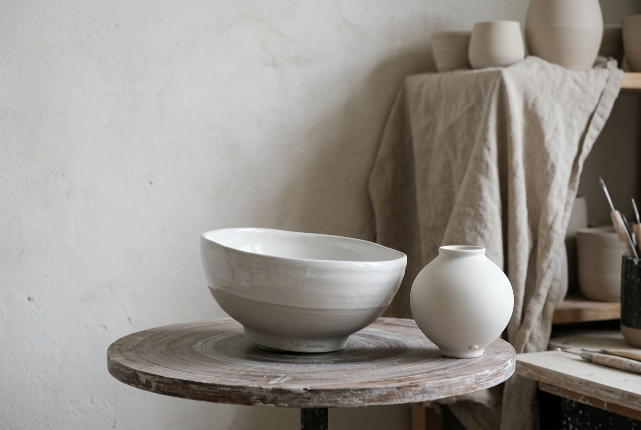 Artisan-thrown ceramic forms in a Korean workshop